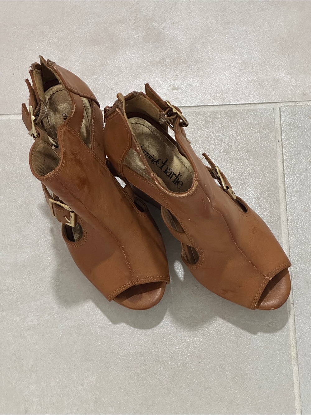 Charming Charlie Tan Open-Toe Buckle Heels